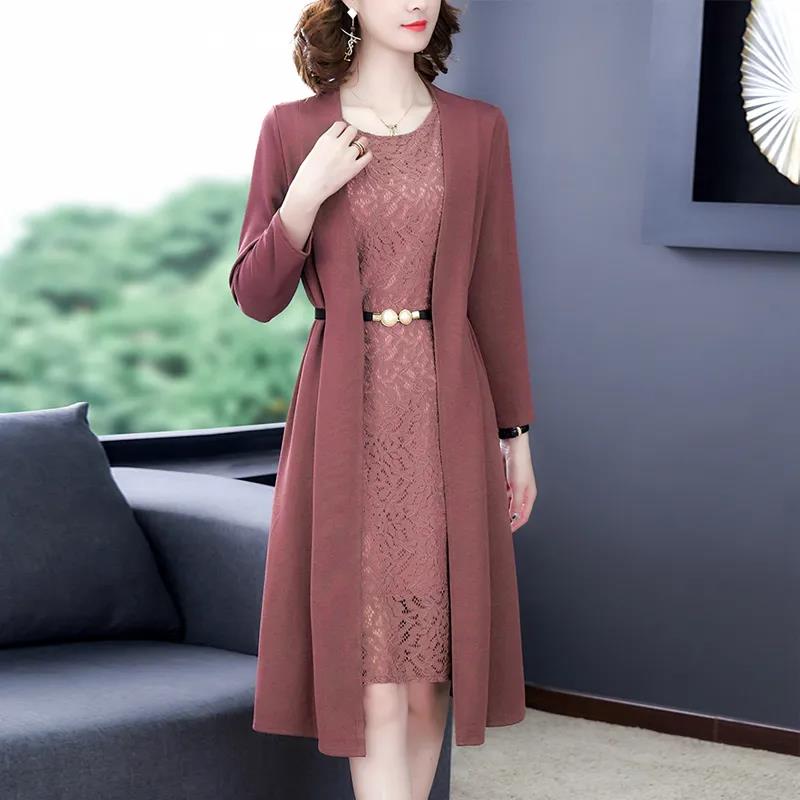 Summer Autumn Stylish Women Vintage Long Sleeve Loose Sundress 2021 Casual Maxi Dress Solid Party Two Piece