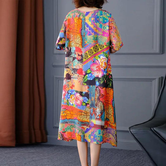 Women's Summer Dress Round Neck Skirt Women's Plus Size Printed Mid Length A-Line Skirt