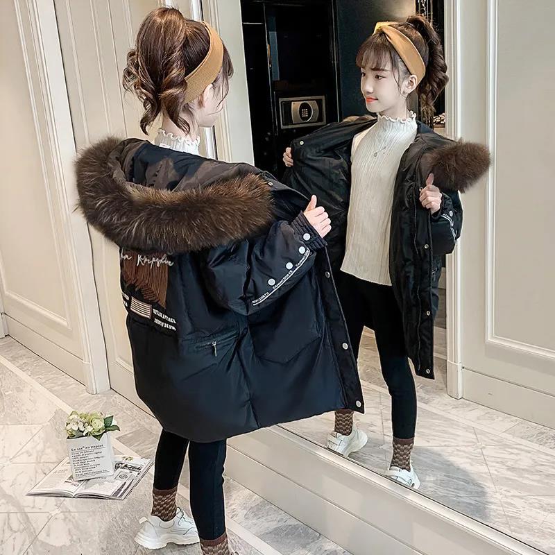 Girls' Warm and Windproof Cotton Coat Mid-length Thick and Velvet Autumn and Winter Jacket