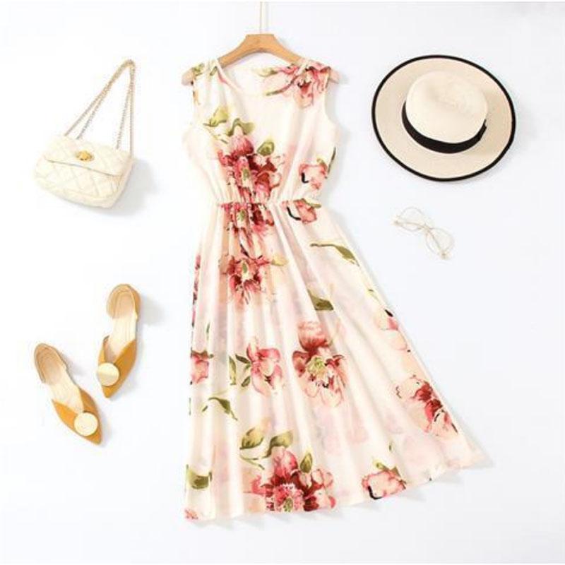 Polka Dot Chiffon Floral Holiday Dress Mid Length Fairy Skirt Casual Skirt