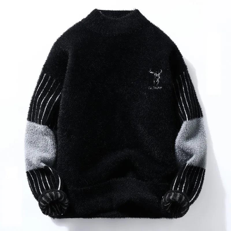 Sweater Men's Autumn and Winter Plus Velvet Thick Warm Bottoming Shirt Half High Neck Pattern Sweater