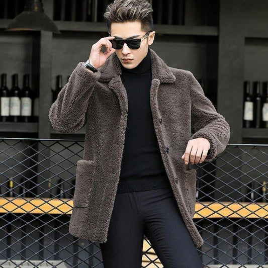 Autumn and Winter Granular Fleece Imitation Lamb Fur Coat Men's Mid-length Sheep Shearing Coat Thick Warm Coat