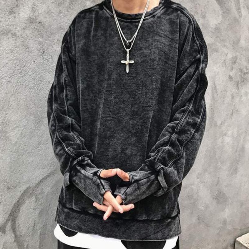 Sweater Men's Autumn and Winter Sleeves Oversize Drop Shoulders Retro Washed Solid Color Top Loose Casual Cool Men's Tops