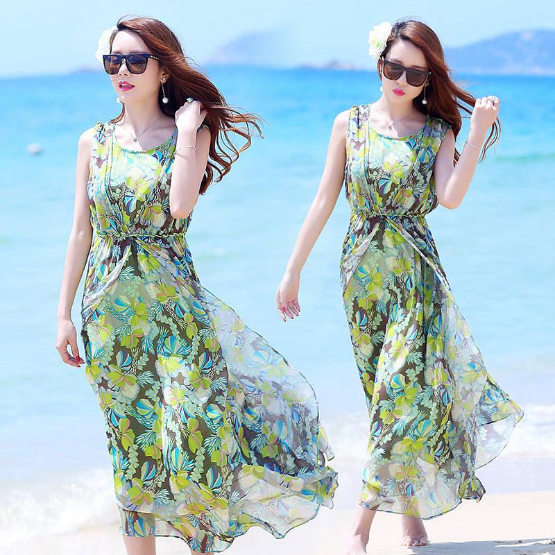 Bohemia Long Chiffon Floral Dress Boho V-Neck Sleeveless Evening Beach Maxi Dress  Sundress