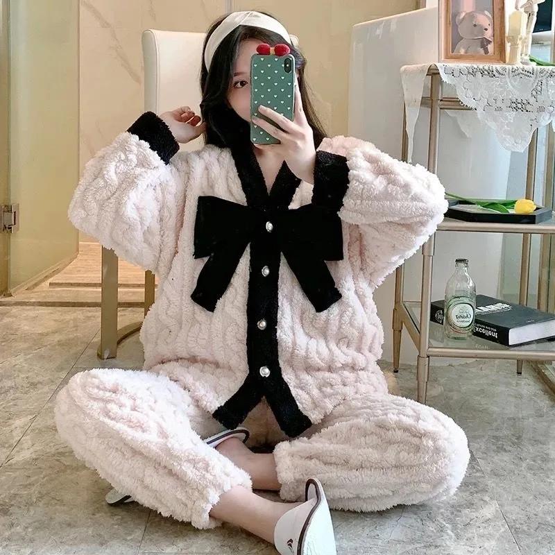 Women's Pajamas Suit Coral Fleece Pyjamas Set Flannel Sleepwear Winter Warm Homewear Long Sleeve Tops and Pants Sets Bow Cute Sweet Girls Nightwear