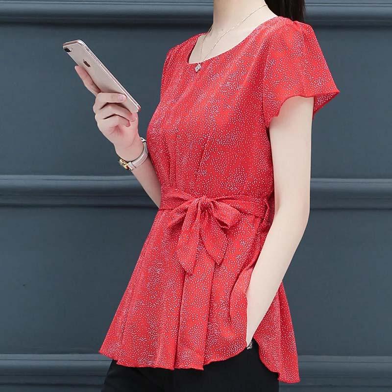 Women's Summer Short Sleeve Chiffon Shirt Waist Tie Round Neck Printed Top