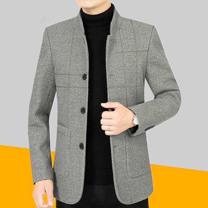 Middle-aged Men's Jacket Autumn and Winter Thick Woolen Coat Woolen Woolen Winter Warm Standing Collar Jacket