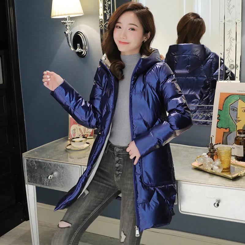 Winter Glossy Down Jacket Korean Thick Hooded Cotton Jacket Solid Color Disposable Mid-length Ladies Down Jacket