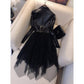 Irregular Leather Suit Skirt PU Leather Stitching Mesh Gauze Fake Two Long Dresses