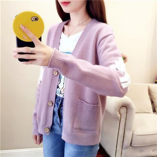 Spring  Autumn V-neck Cardigan Sweater Women Short Knit Small Coat Loose Casual Fashion Students All-match