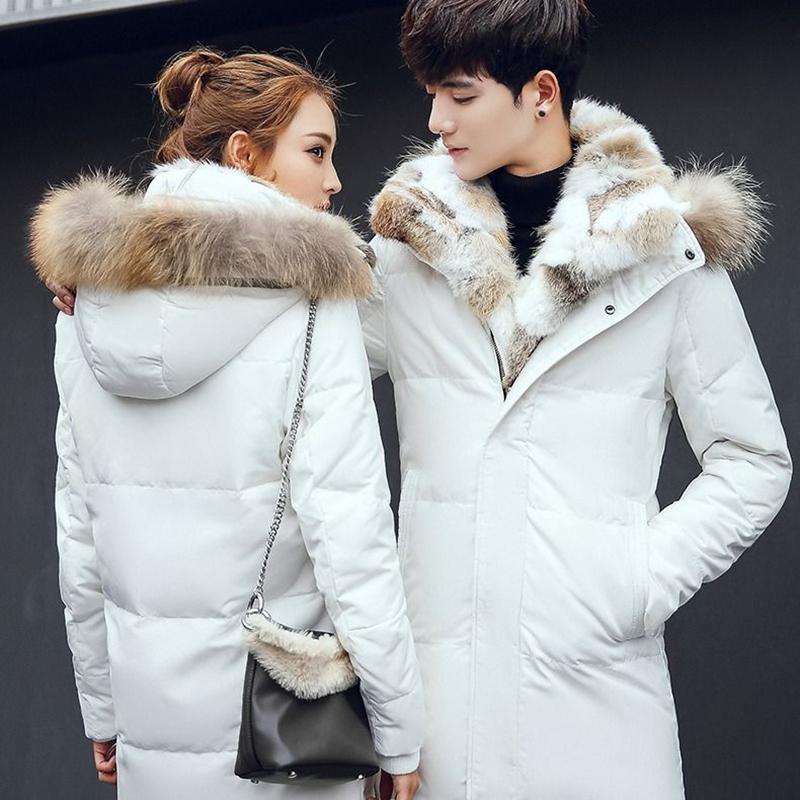 Fashion Big Fur Collar Couple Wear Down Jacket  Mid-length Plus Velvet Thickening Slim Plus Size Winter Jacket