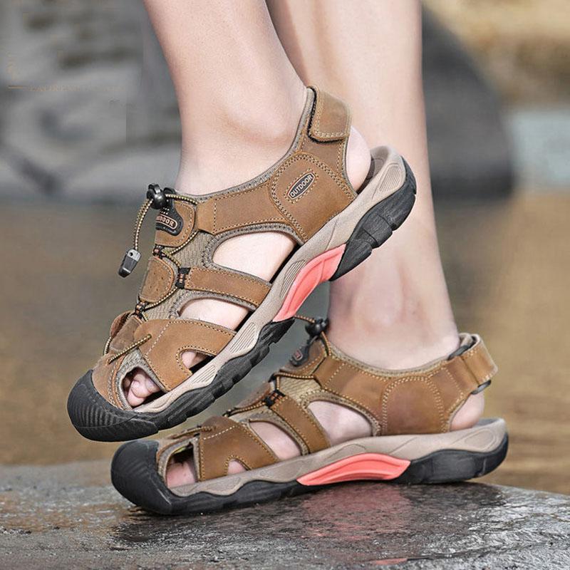 Leather Sandals Men's Summer Non-slip Hollow Outdoor Breathable Casual Beach Shoes