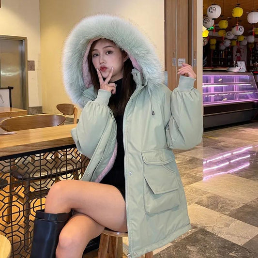 Women's Down Padded Coat Autumn and Winter Loose Korean Version Plus Velvet Thick Padded Coat Mid-Length Padded Jacket Warm Coat Casual Top