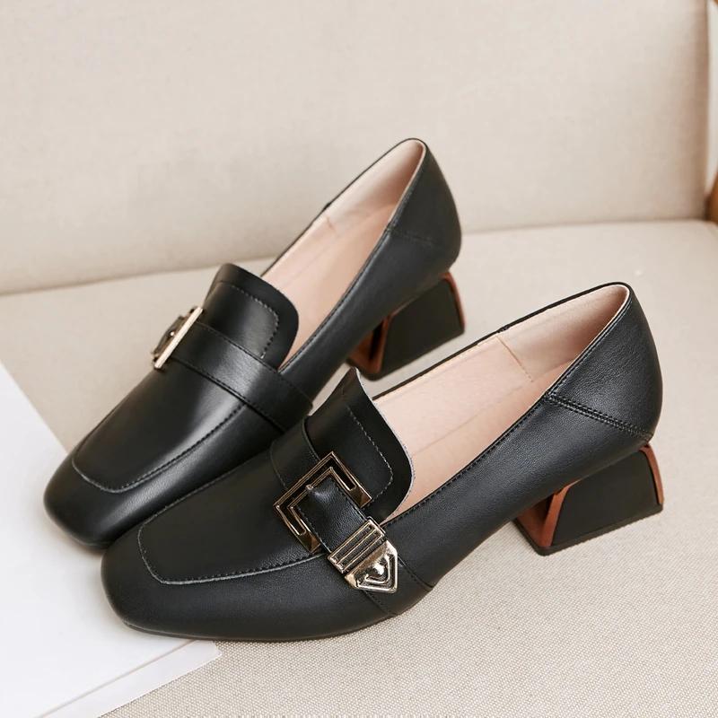 Women's Soft Surface Comfortable Square Toe Small Leather Shoes Real Cowhide Thick British Style Mid-heel Work Shoes Casual Shoes Single Shoes