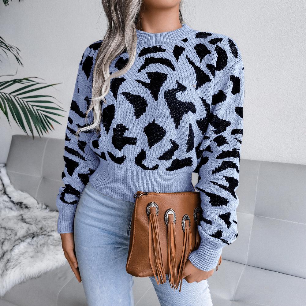 Sweater Women's Leopard Print Short Pullover Knitwear Cropped Top Trending Sweater Autumn and Winter European and American Style