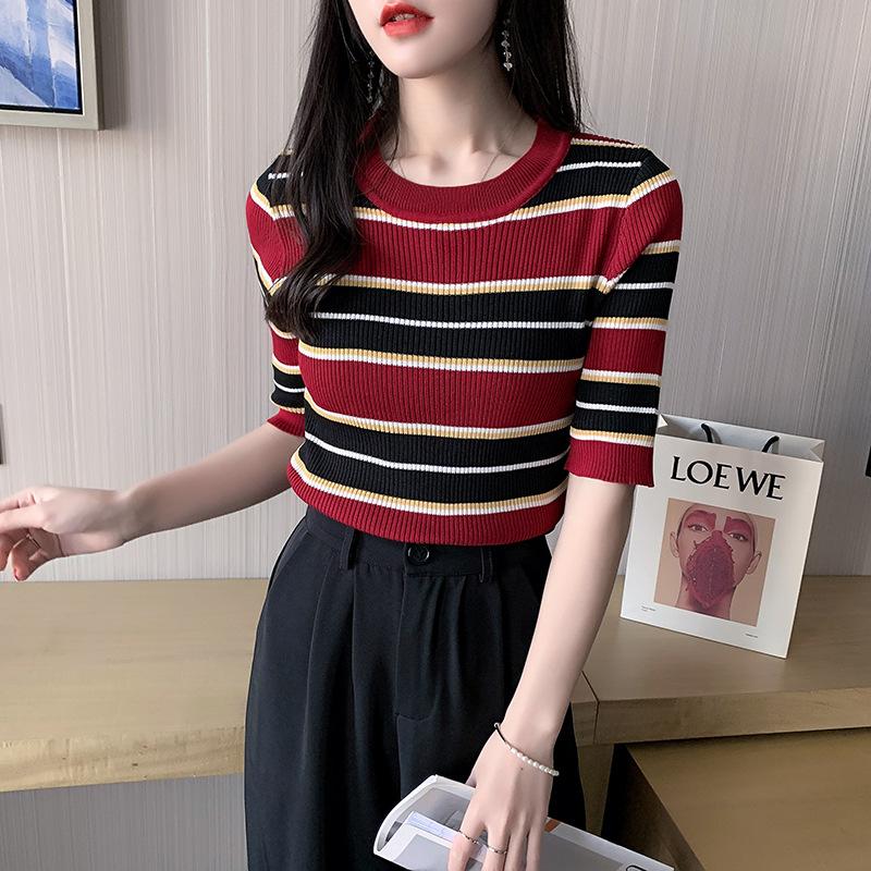 Spring Summer Casual Women Clothing Knitted T-Shirt Women Tops Short Sleeve Striped Knit Sweater