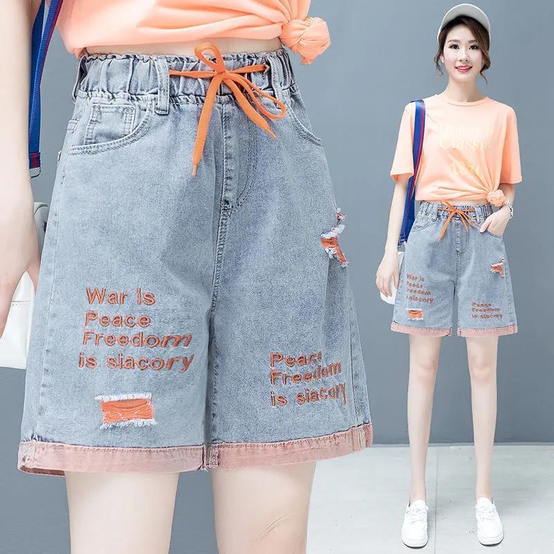 Ripped Denim Shorts Women Loose Wide Leg Pants High Waist Was Thin Elastic Waist Embroidered Five-point Pants