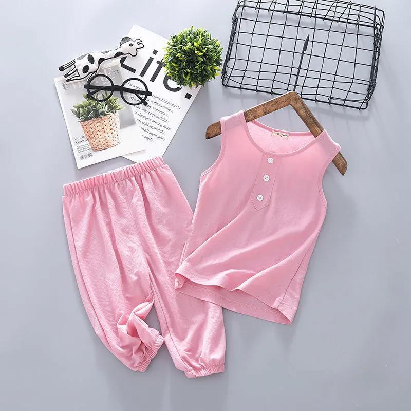 Children's Vest Suit Ice Silk Cotton Silk Boys and Girls Sleeveless T-shirt Casual Pants Two-piece Baby Summer Clothes