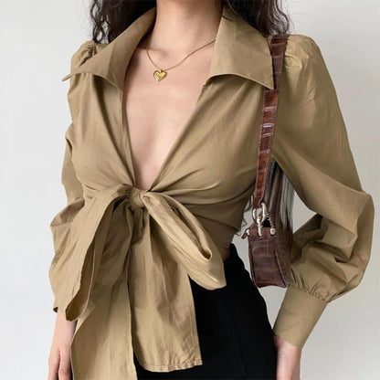 Sexy Cross V-Neck Lace-Up Lantern Sleeve Shirt Women's High Waist Short Lapel Top