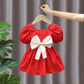 Girls Princess Dress Summer Thin Children's Bow Puff Sleeves Sweet Waist Dress Cute Two-Wear A-line Skirt