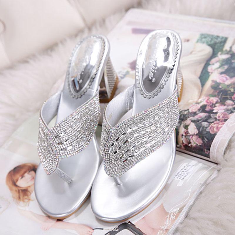 Plus Size 34-40 Women All-match Shiny Slippers Outdoor Diamond High Heels Bohemian Beach Wear-resistant Non-slip Slippers Flip Flops Sandals