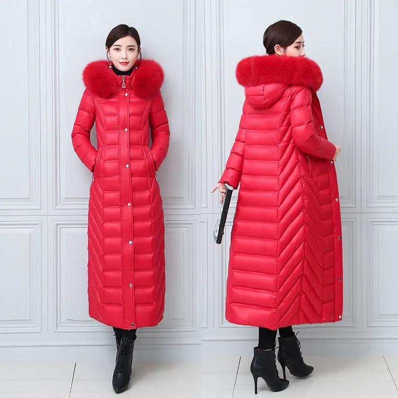 Down Cotton Jacket Winter Fashion Shiny Hooded Jacket Thicken Warm Long Over-the-knee Cotton Jacket Women