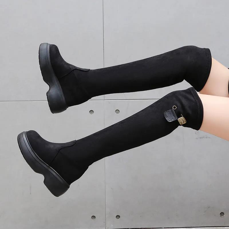 Over-the-knee Boots Women's New Style Plus Velvet Thick-soled High-heeled 5cm Stretch Boots Inner Heightening Long Barrel Knight Boots