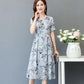 Women Summer Vintage Short Sleeve V-neck Casual Dress Elegant Slim High Waist Floral Printed Long Dress