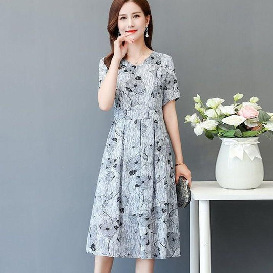 Women Summer Vintage Short Sleeve V-neck Casual Dress Elegant Slim High Waist Floral Printed Long Dress