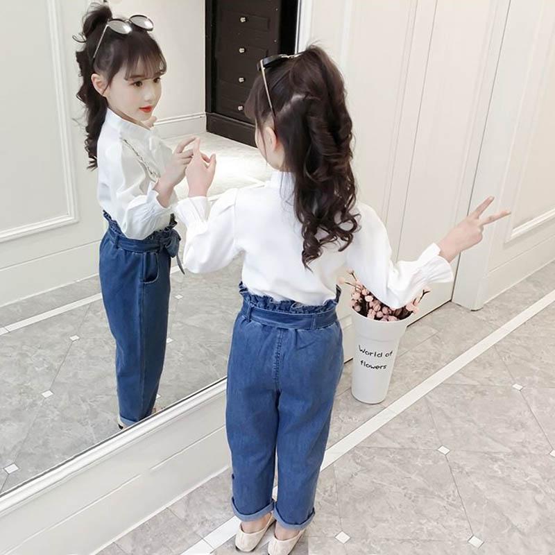 Girls' Spring and Autumn Suits Korean Version Cute and Sweet Style Suits Bow Tie Decoration Long-sleeved Shirts and Jeans Two-piece Suits
