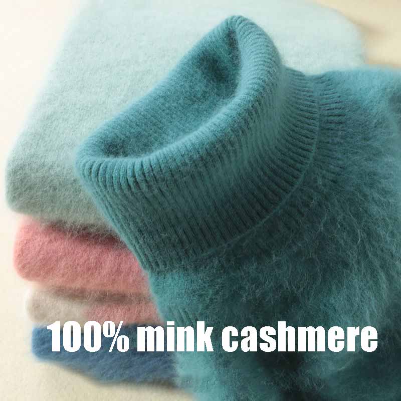 Women's Turtleneck  Mink Sweater Thick Warm Slim Pullover Sweater 100% Real Mink Hair Fuzzy Sweater