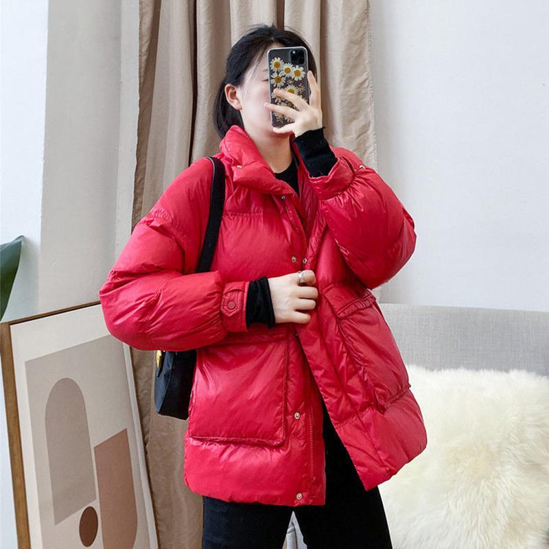 Women's Shiny Short Down Jacket Winter Korean Style Loose Quilted Jacket Casual Stand-collar Padded Jacket