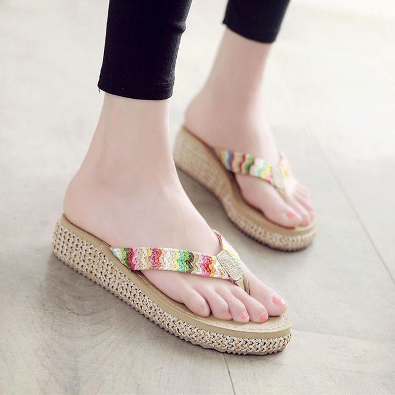 Slippers Female Summer Wear Thick Bottom Flip Flops Ladies Anti-skid Clip Feet Increase Seaside Beach Sandals and Slippers