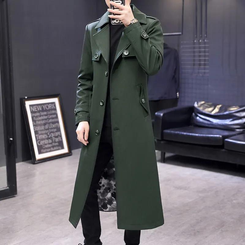 Spring Long Over Knee Windbreaker Men Slim Jacket V-neck Casual Coat Trend Parka for Youth