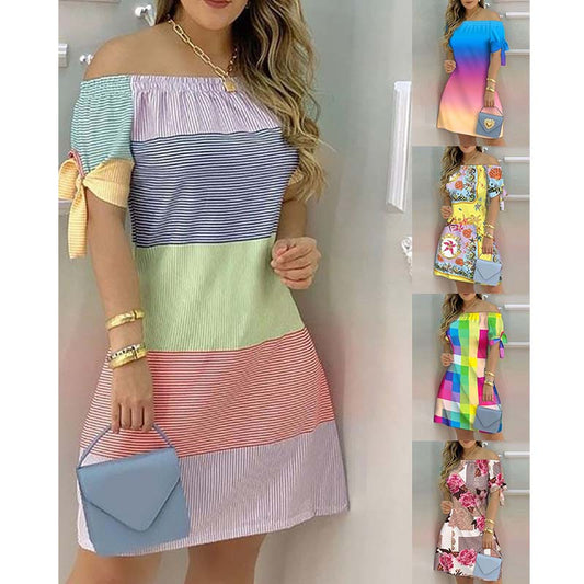 European and American Dress Women's Casual Fashion Home Gradient Color Straight Shoulder Dress