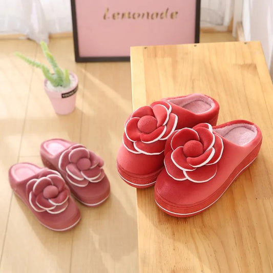 Winter High-heeled Cotton Slippers with Bow Female Cute Princess Style Plus Velvet Home Shoes Thickened Indoor Confinement Shoes