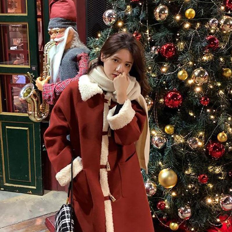 Autumn and Winter Woolen Coat with Horns Buckle Lamb Wool Thick Woolen Coat Women's Mid-length Lapel Woolen Coat