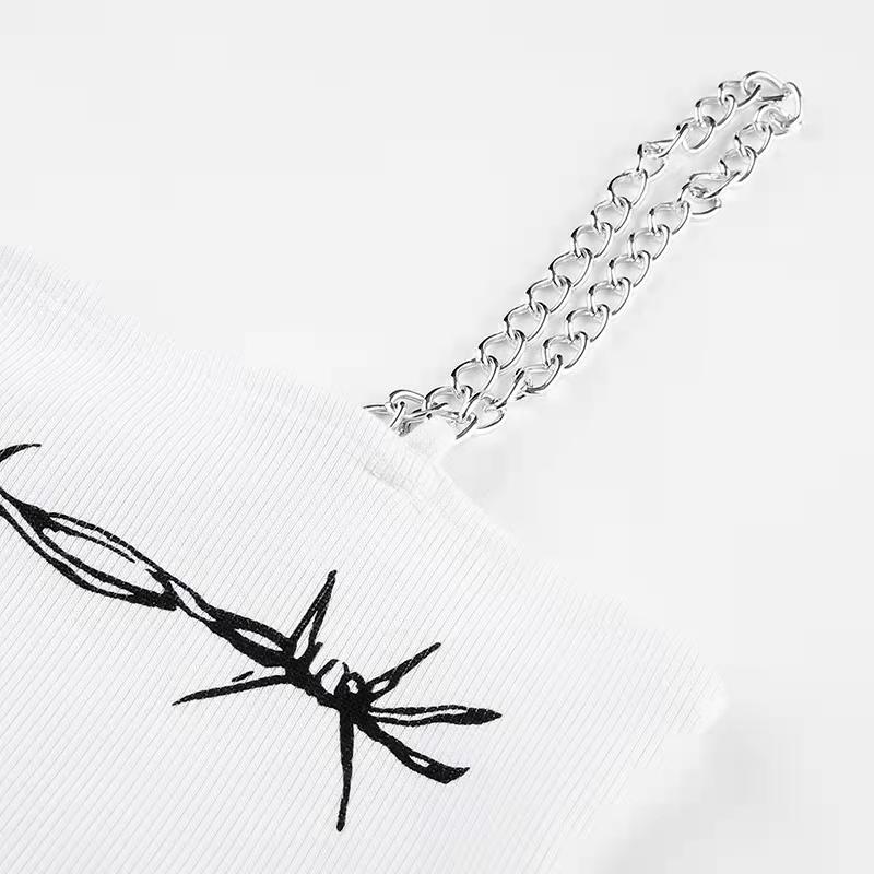 Printed Strapless Sexy Vest Summer Short Blouse E-girl Fitness Sportswear Metal Chain Strap Camisole