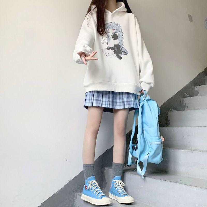 Anime Hoodies Japanese Oversized Loose Harajuku Sweatshirts Thick Fleece Fall Winter Pullovers Top Clothes Black Plus Size Fashion Streetwear Coat