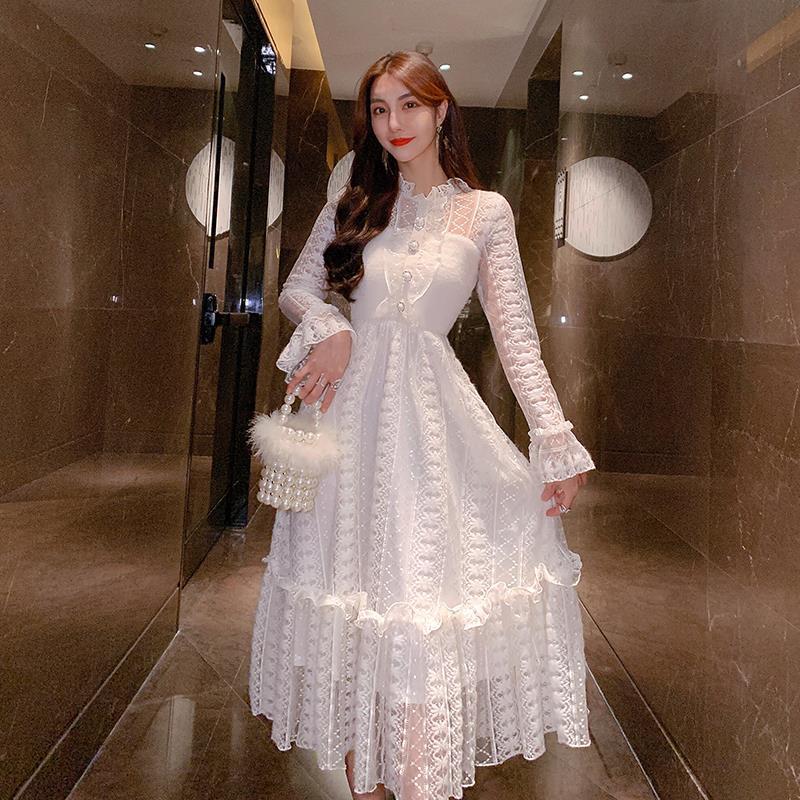 Dress women mid-length autumn and winter waist lace dress female plus size Slim clothing