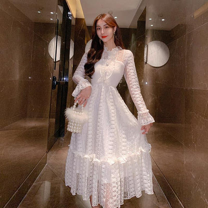 Lace dress female plus size Slim clothing dress female mid-length autumn and winter waist