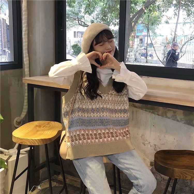 Autumn Loose Knitwear Women Students All-match V-neck Hit Color Top Sleeveless Outer Sweater Fashion Casual Vest Jacket