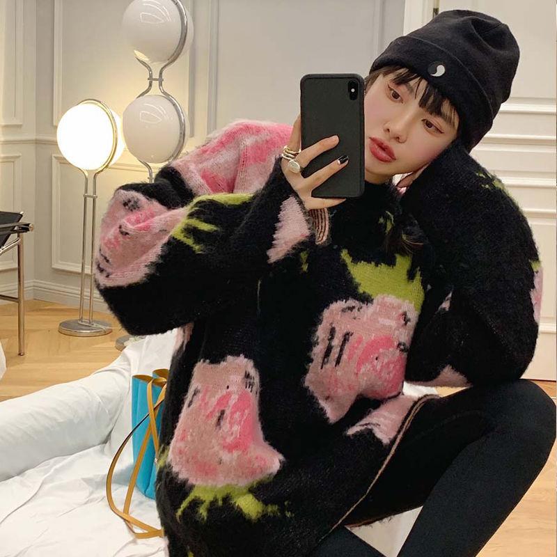 Women's Sweater Loose Outer Wear Autumn  Winter Casual Retro Jacquard Mid-length Pullover Knit Top