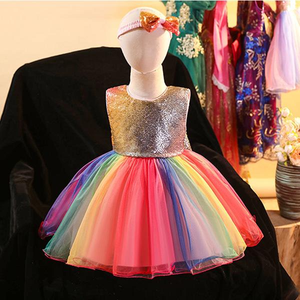Girls Princess Dress Bowknot Evening Dress Rainbow Sequined Skirt Performance Costume Fluffy Mesh Dress