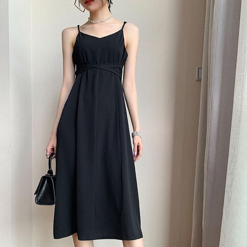 Black  Dress Female Xia  Slim and Thin Waist, Wearing A Mid-length Chiffon Skirt Inside and Outside Spaghetti Strap