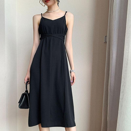 Black  Dress Female Xia  Slim and Thin Waist, Wearing A Mid-length Chiffon Skirt Inside and Outside Spaghetti Strap