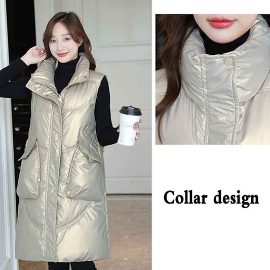 Cold-proof Vest Women's Autumn and Winter Bright Surface Wash-free Down Cotton Mid-length Outer Wear Vest Jacket