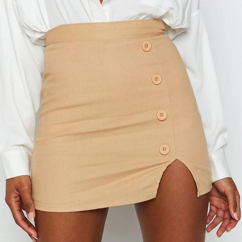 Women's Summer Mini Skirts Large Size Slim A-line Short Skirt High Waist Button Split Skirt Female Solid Color Club Hip Skirts