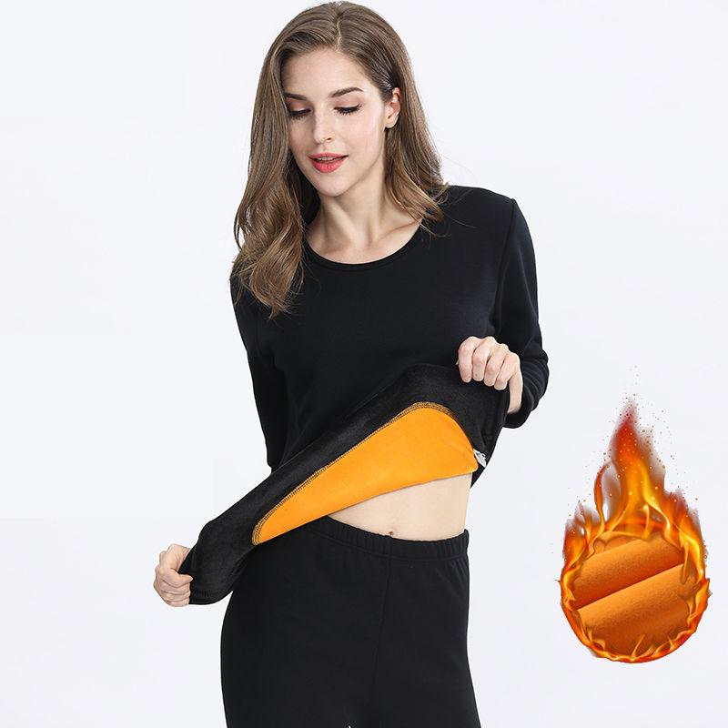 Women Long Sleeve Thermal Underwear Women Winter Plus Velvet Thicken Tight Suit Sexy Pajamas Autumn Warm Windproof Soft Lining High Collar Round Neck