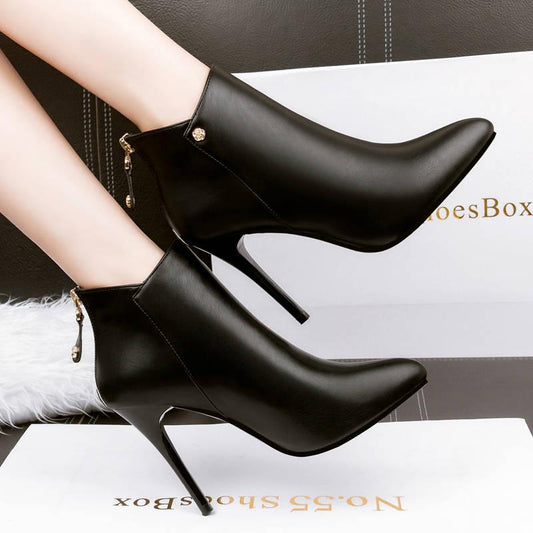 Ankle Boots Women Shoes Patent Leather Pu Pointed Toe Thin High Heels Front Zipper Boots Booties